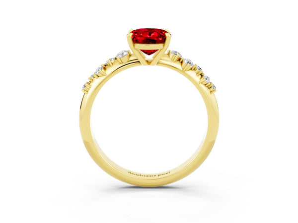 Yellow gold Oval Cut Ruby Cluster Side Stone Solitaire Ring with Prong Setting