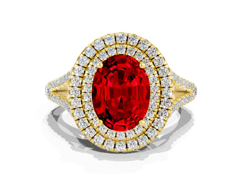 Yellow gold Oval Cut Ruby Double Halo Ring with Pavé Band and Prong Setting_12