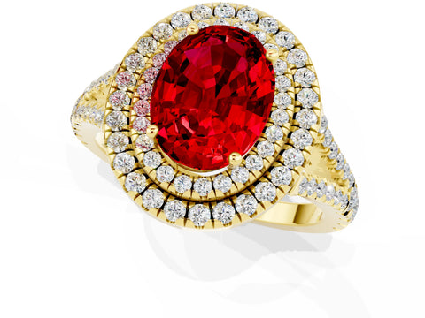 Yellow gold Oval Cut Ruby Double Halo Ring with Pavé Band and Prong Setting_13
