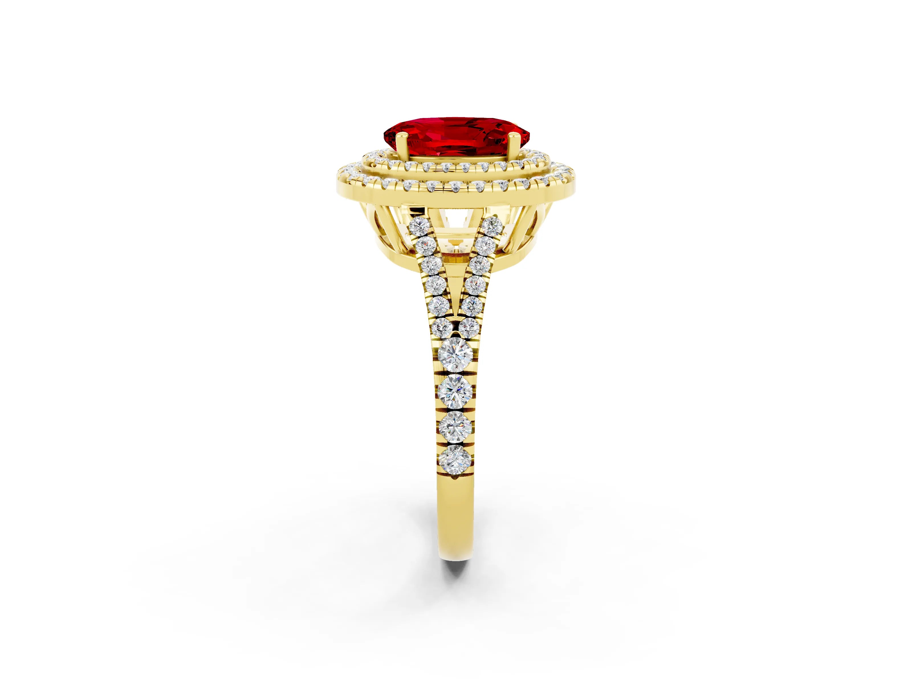 Yellow gold Oval Cut Ruby Double Halo Ring with Pavé Band and Prong Setting_14