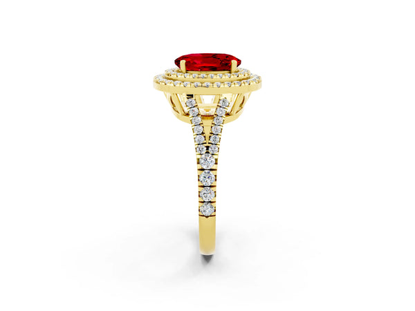 Yellow gold Oval Cut Ruby Double Halo Ring with Pavé Band and Prong Setting