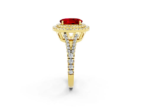 Yellow gold Oval Cut Ruby Double Halo Ring with Pavé Band and Prong Setting_14