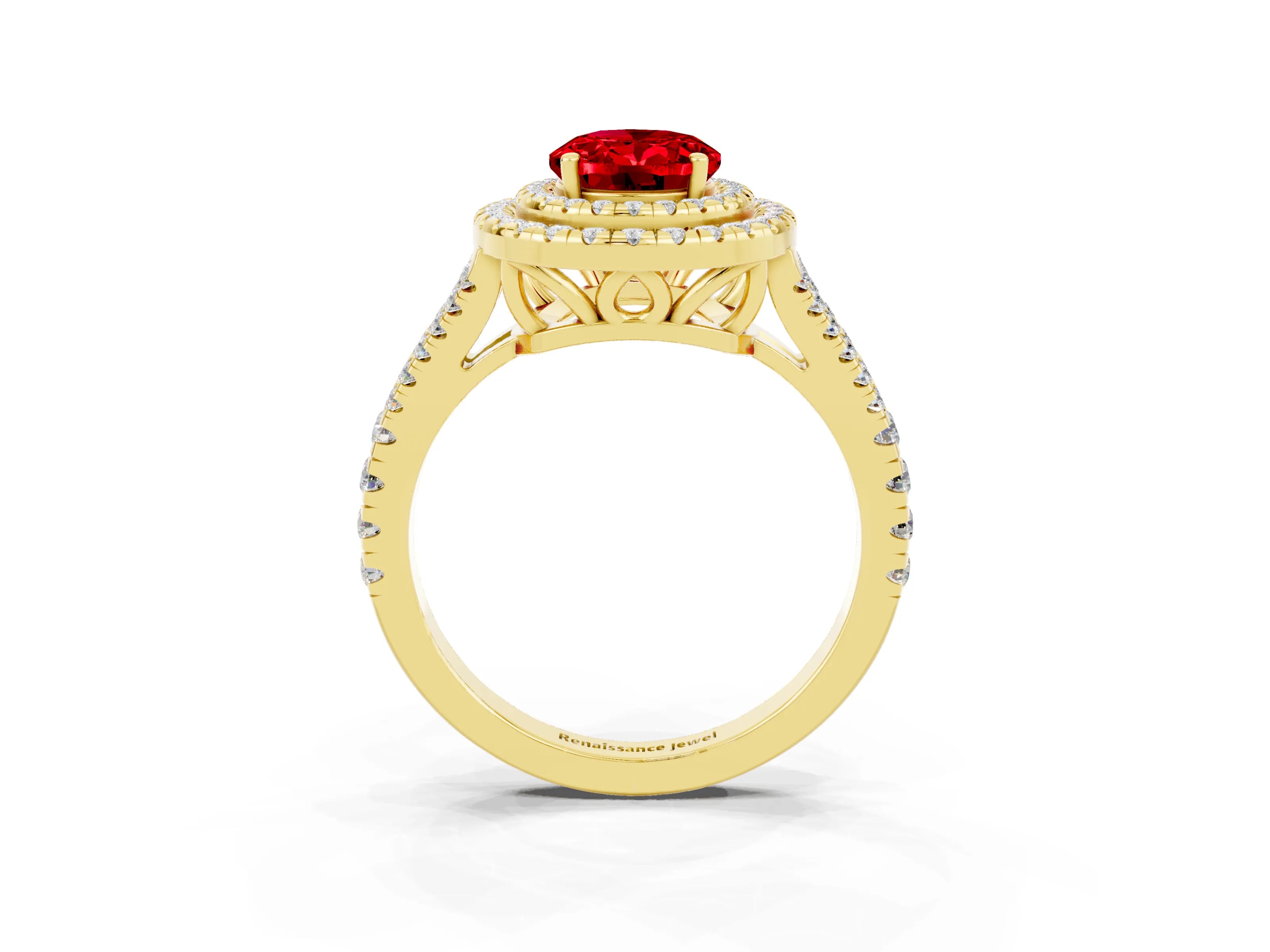 Yellow gold Oval Cut Ruby Double Halo Ring with Pavé Band and Prong Setting_15