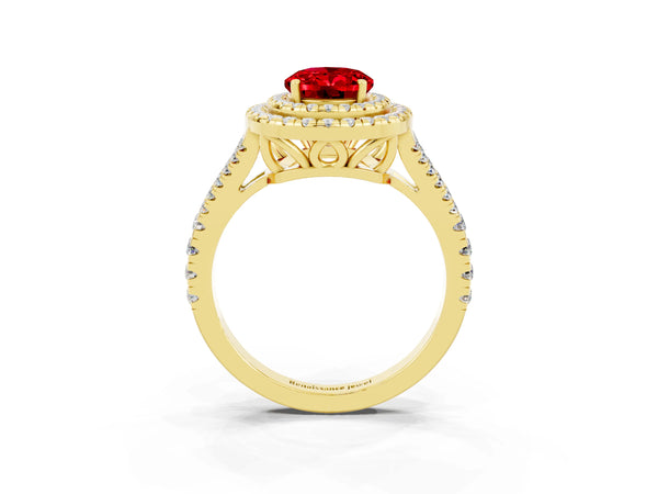 Yellow gold Oval Cut Ruby Double Halo Ring with Pavé Band and Prong Setting