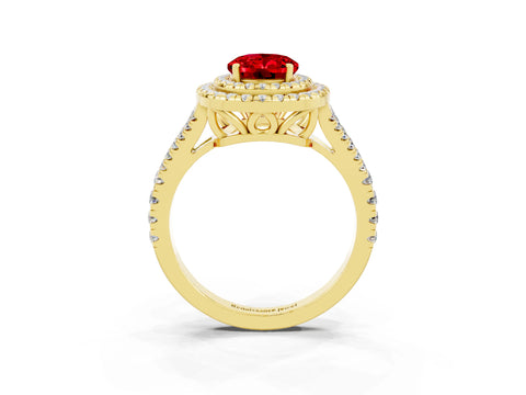 Yellow gold Oval Cut Ruby Double Halo Ring with Pavé Band and Prong Setting_15