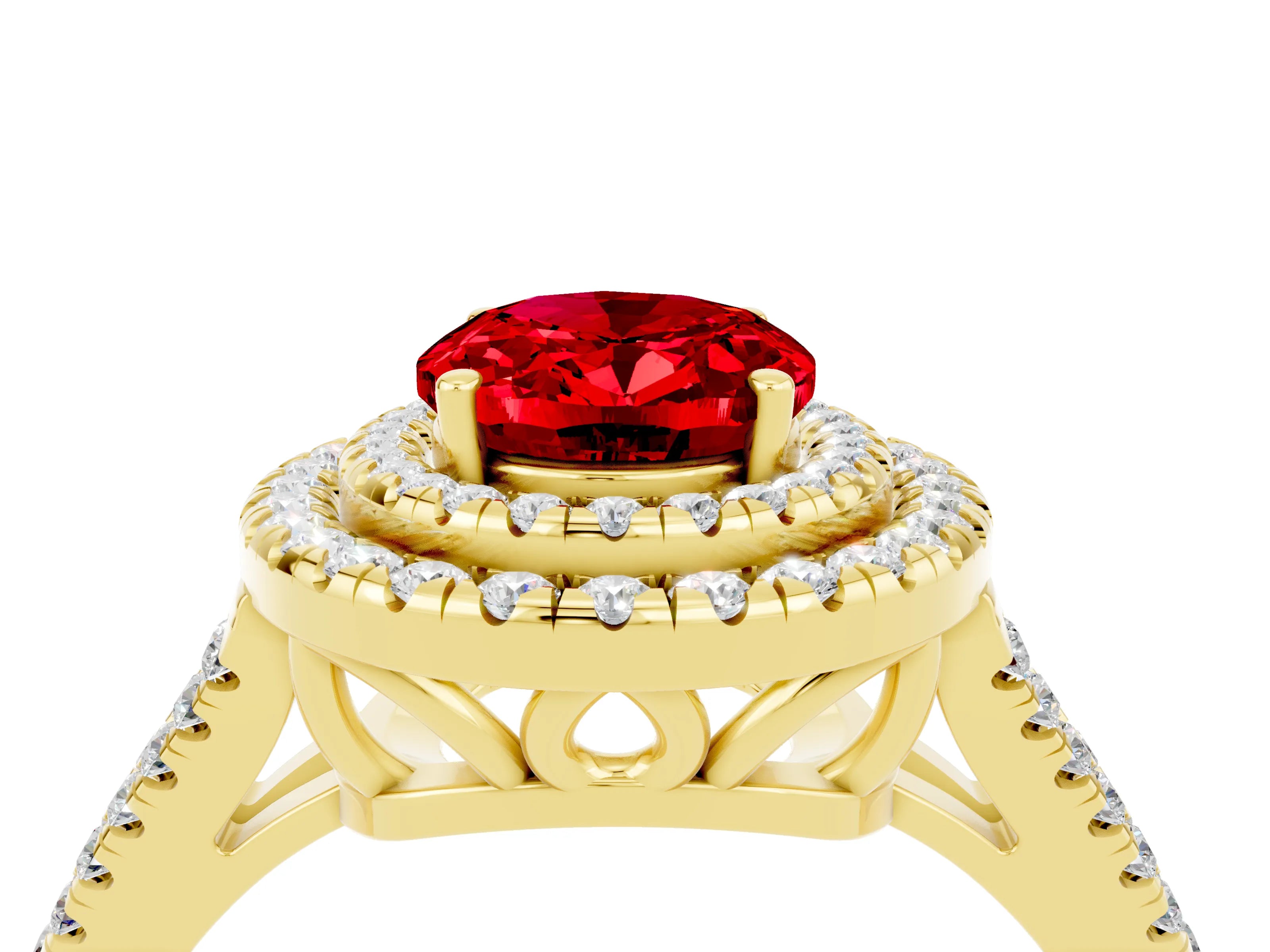 Yellow gold Oval Cut Ruby Double Halo Ring with Pavé Band and Prong Setting_16