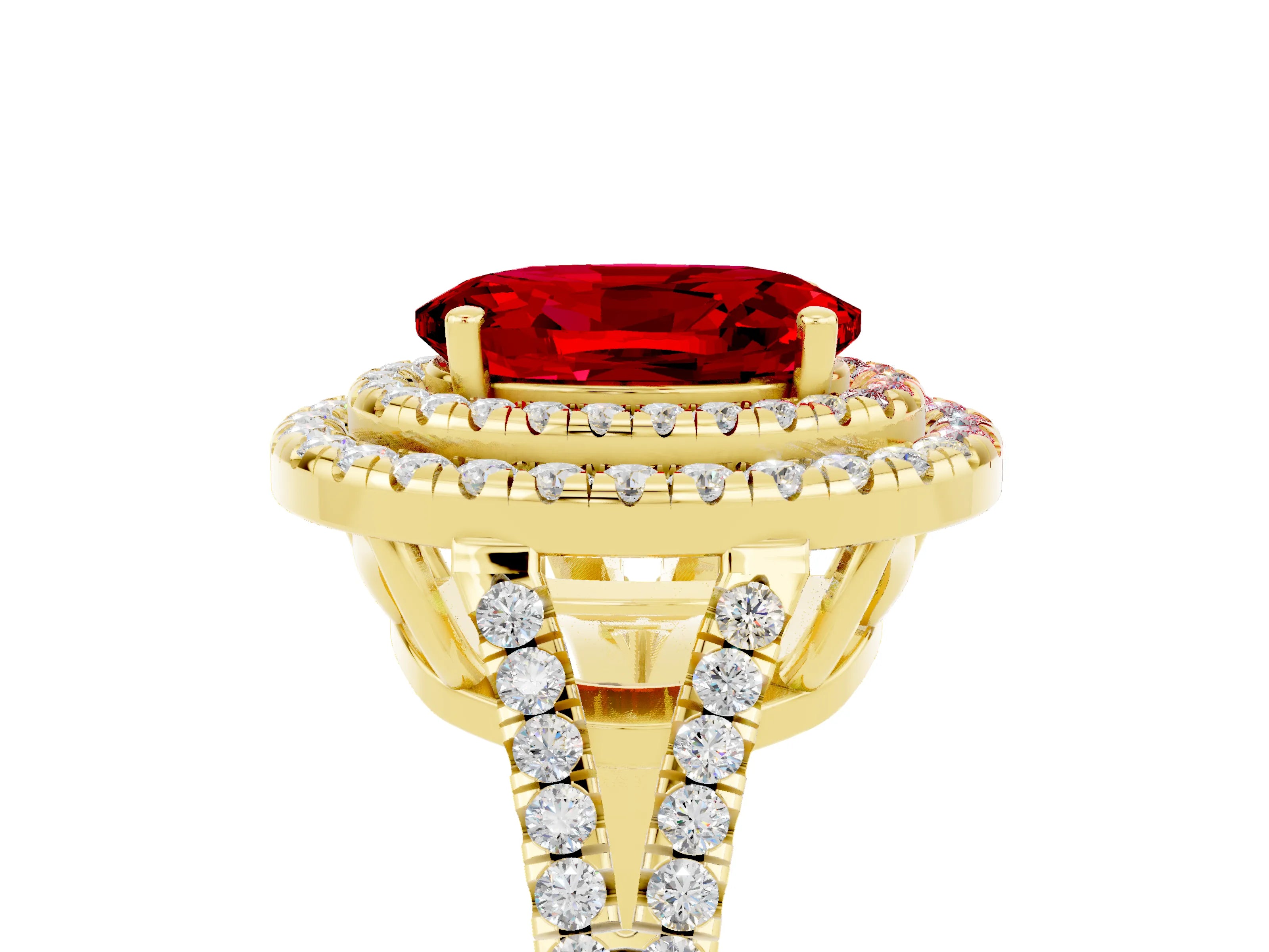 Yellow gold Oval Cut Ruby Double Halo Ring with Pavé Band and Prong Setting_17