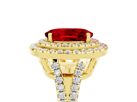 Yellow gold Oval Cut Ruby Double Halo Ring with Pavé Band and Prong Setting_17