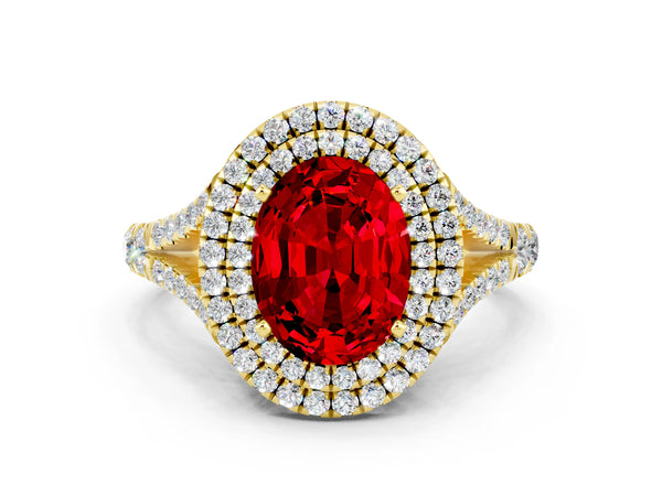 Yellow gold Oval Cut Ruby Double Halo Ring with Split Shank and Prong Setting
