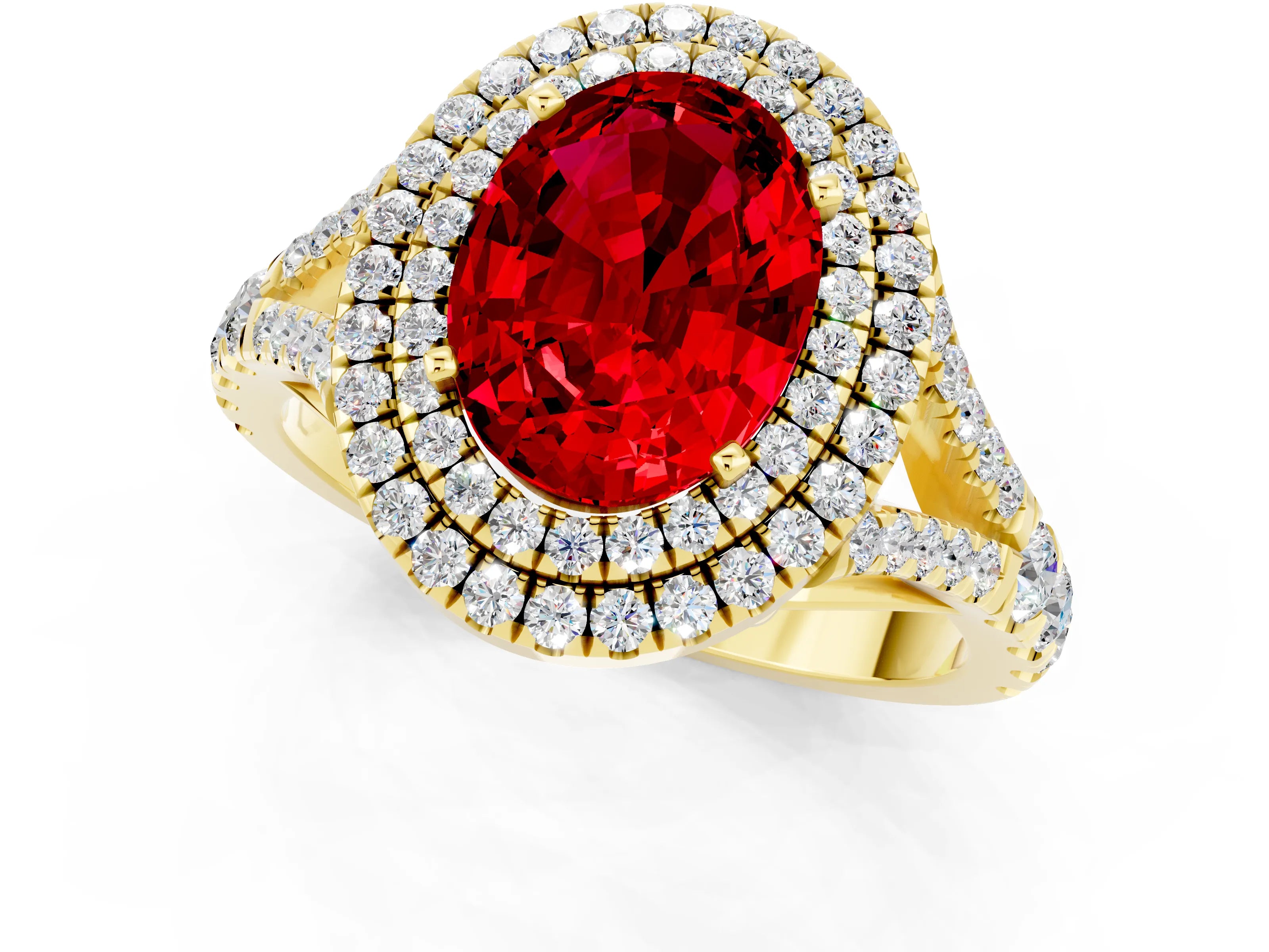 Yellow gold Oval Cut Ruby Double Halo Ring with Split Shank and Prong Setting_13