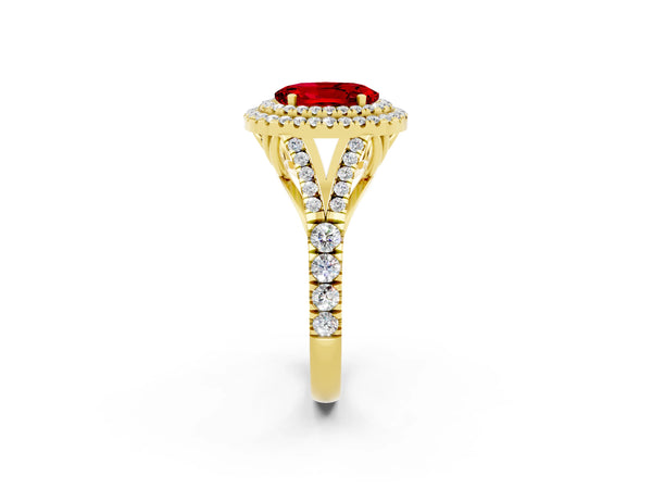 Yellow gold Oval Cut Ruby Double Halo Ring with Split Shank and Prong Setting