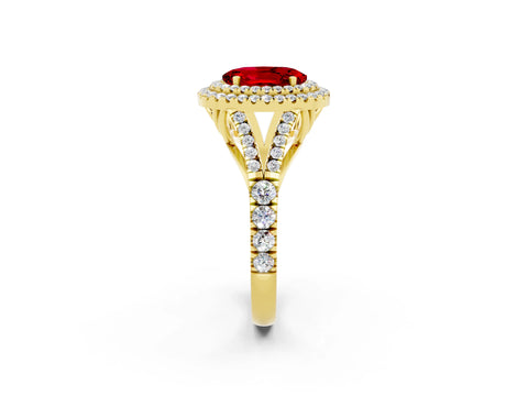 Yellow gold Oval Cut Ruby Double Halo Ring with Split Shank and Prong Setting_14
