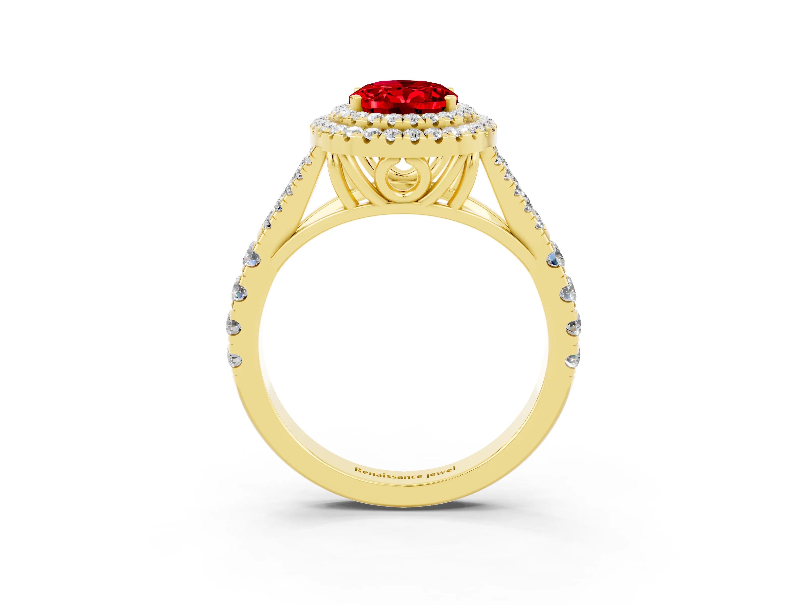 Yellow gold Oval Cut Ruby Double Halo Ring with Split Shank and Prong Setting_15
