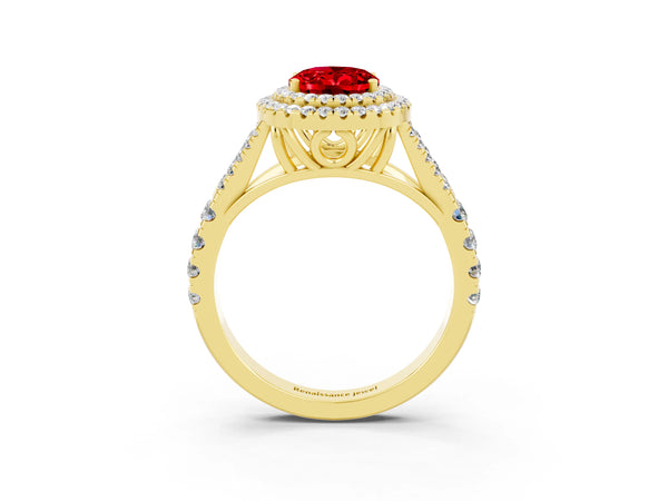 Yellow gold Oval Cut Ruby Double Halo Ring with Split Shank and Prong Setting