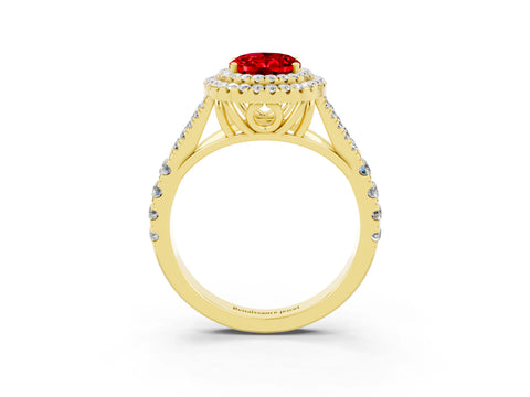 Yellow gold Oval Cut Ruby Double Halo Ring with Split Shank and Prong Setting_15
