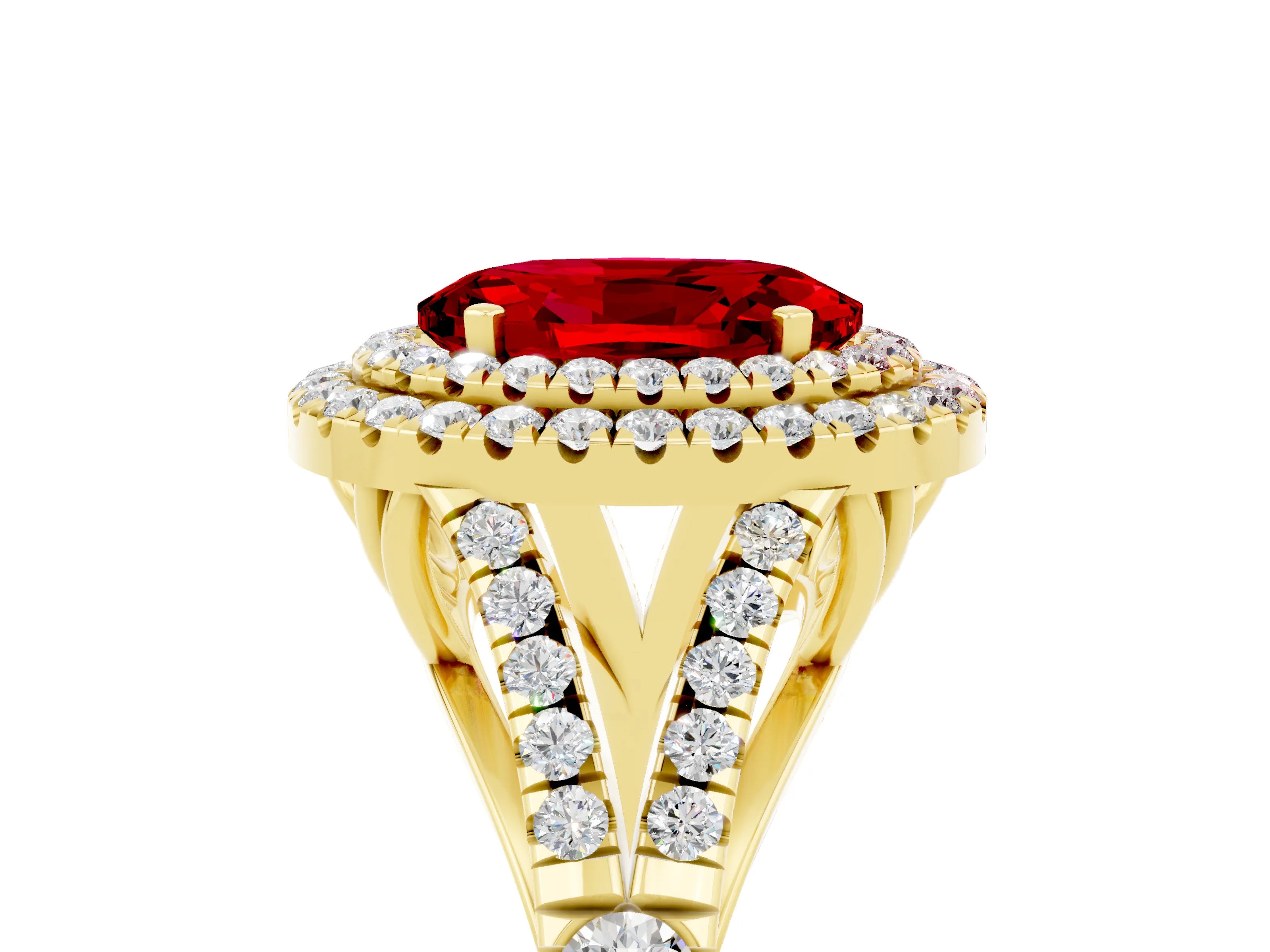 Yellow gold Oval Cut Ruby Double Halo Ring with Split Shank and Prong Setting_17