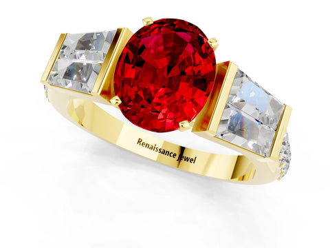 Yellow gold Oval Cut Ruby Engagement Ring with Baguette Side Stones and Channel Set Band_1