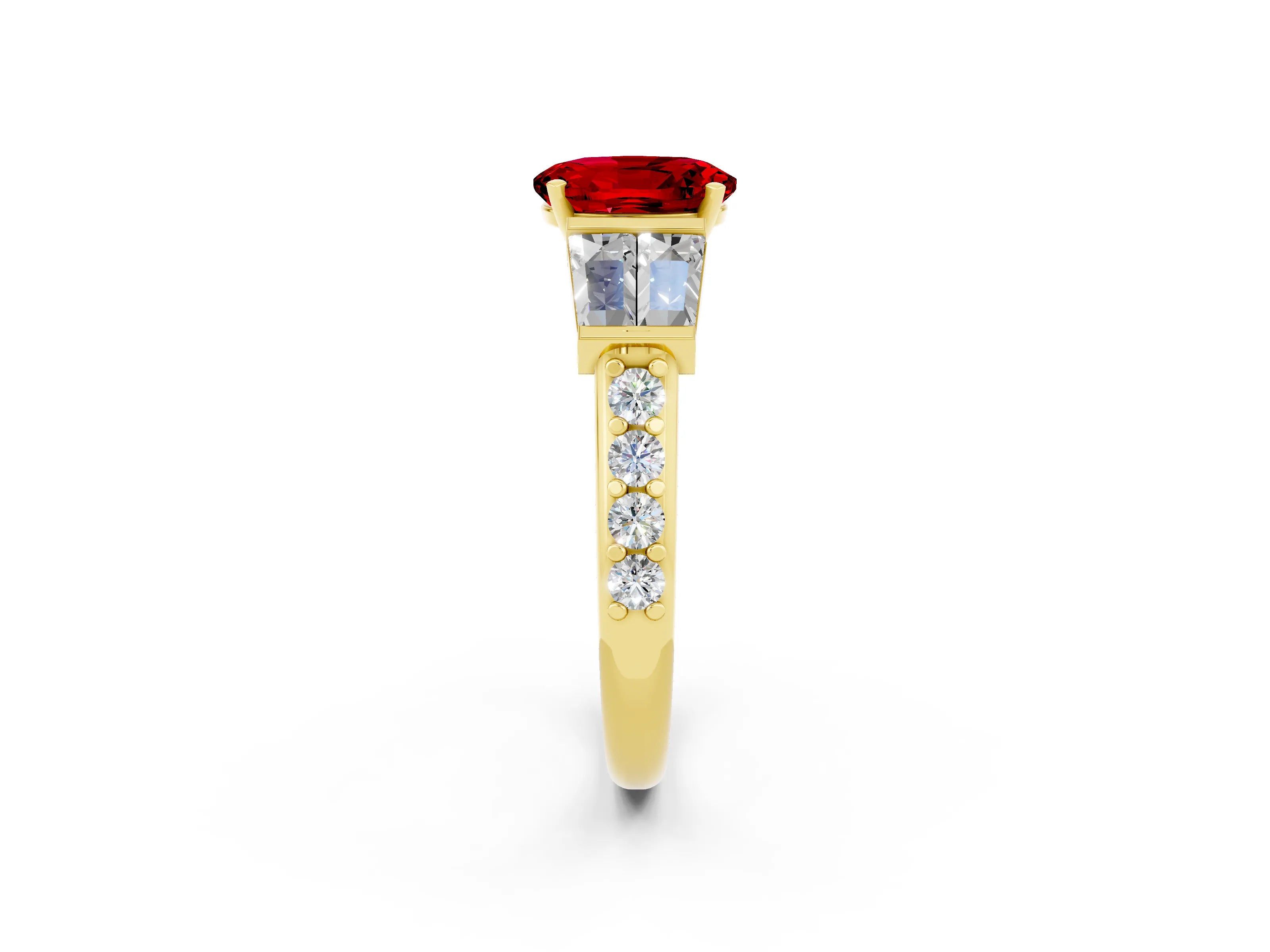 Yellow gold Oval Cut Ruby Engagement Ring with Baguette Side Stones and Channel Set Band_2