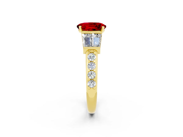 Yellow gold Oval Cut Ruby Engagement Ring with Baguette Side Stones and Channel Set Band