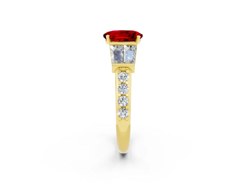 Yellow gold Oval Cut Ruby Engagement Ring with Baguette Side Stones and Channel Set Band_2