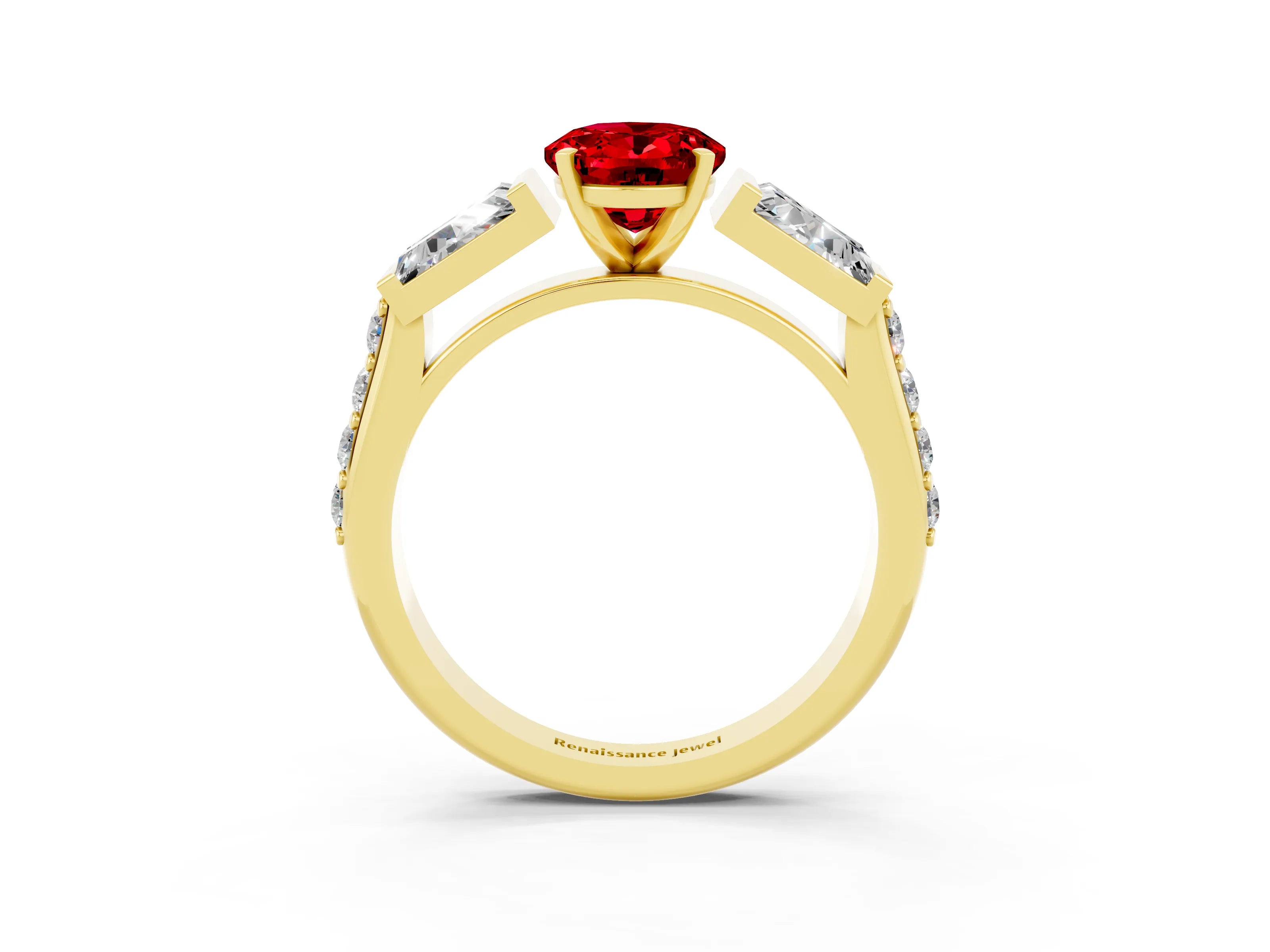 Yellow gold Oval Cut Ruby Engagement Ring with Baguette Side Stones and Channel Set Band_3
