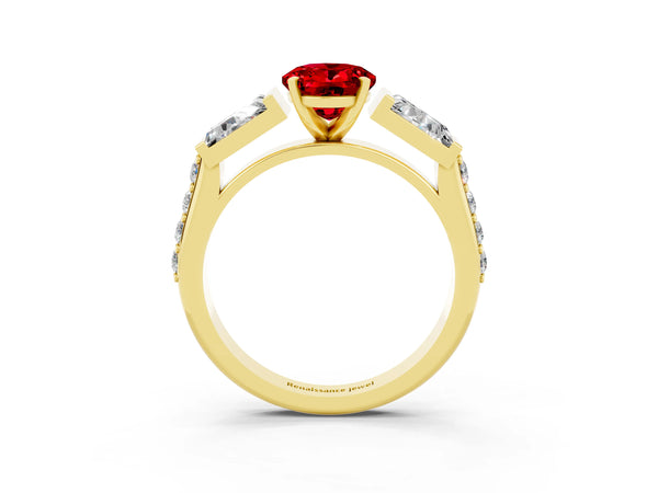 Yellow gold Oval Cut Ruby Engagement Ring with Baguette Side Stones and Channel Set Band