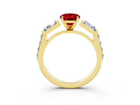 Yellow gold Oval Cut Ruby Engagement Ring with Baguette Side Stones and Channel Set Band_3
