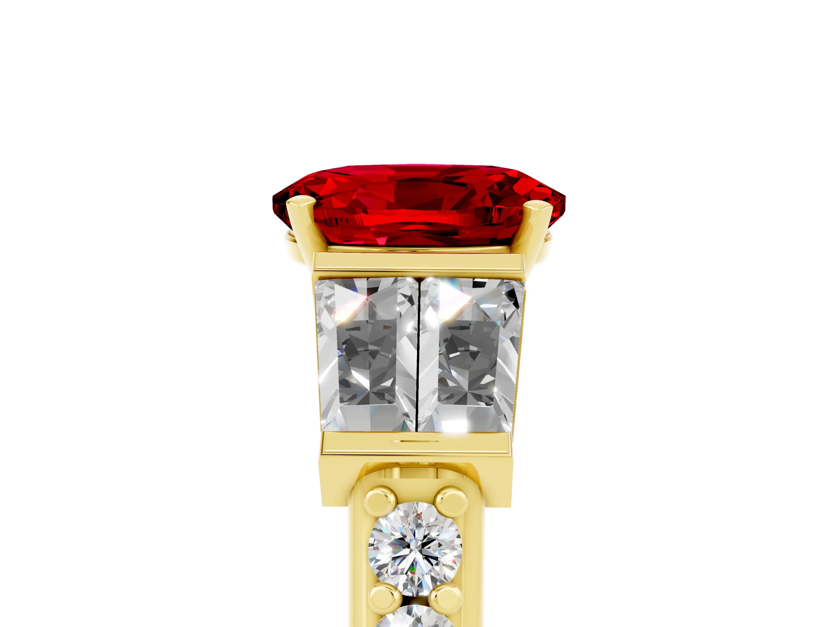 Yellow gold Oval Cut Ruby Engagement Ring with Baguette Side Stones and Channel Set Band_5