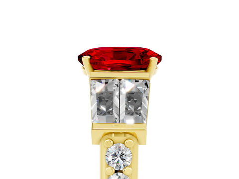 Yellow gold Oval Cut Ruby Engagement Ring with Baguette Side Stones and Channel Set Band_5