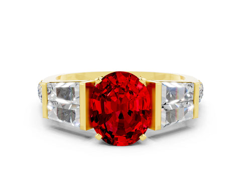 Yellow gold Oval Cut Ruby Engagement Ring with Baguette Side Stones and Channel Set Band
