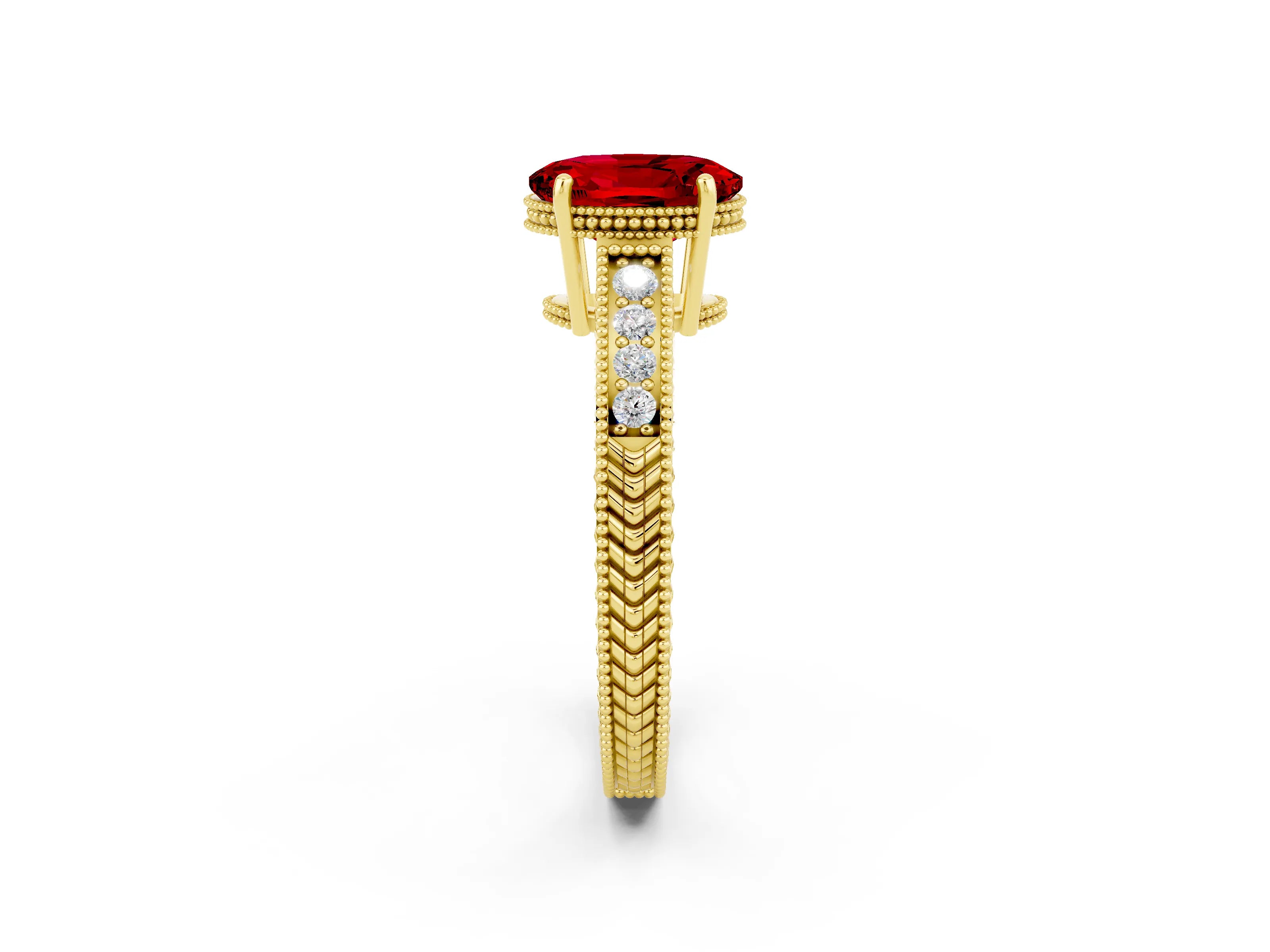 Yellow gold Oval Cut Ruby Engagement Ring with Milgrain Channel Set Band and Prong Setting_2