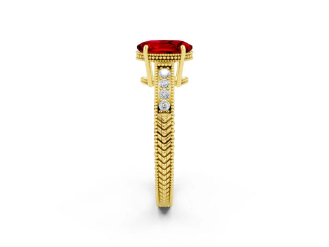 Yellow gold Oval Cut Ruby Engagement Ring with Milgrain Channel Set Band and Prong Setting_2