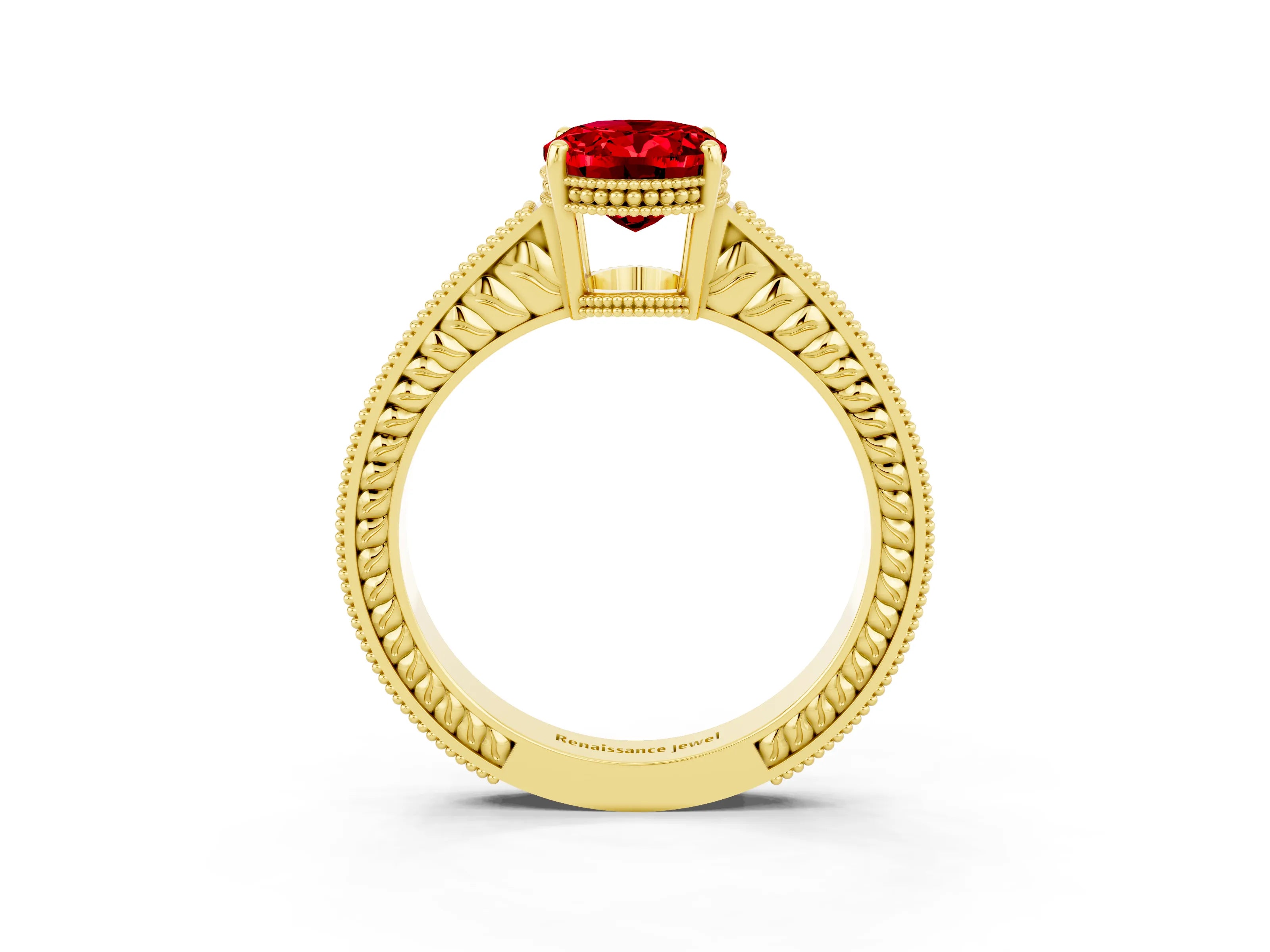Yellow gold Oval Cut Ruby Engagement Ring with Milgrain Channel Set Band and Prong Setting_3
