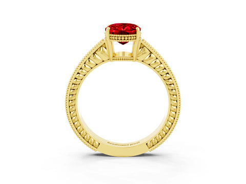 Yellow gold Oval Cut Ruby Engagement Ring with Milgrain Channel Set Band and Prong Setting_3