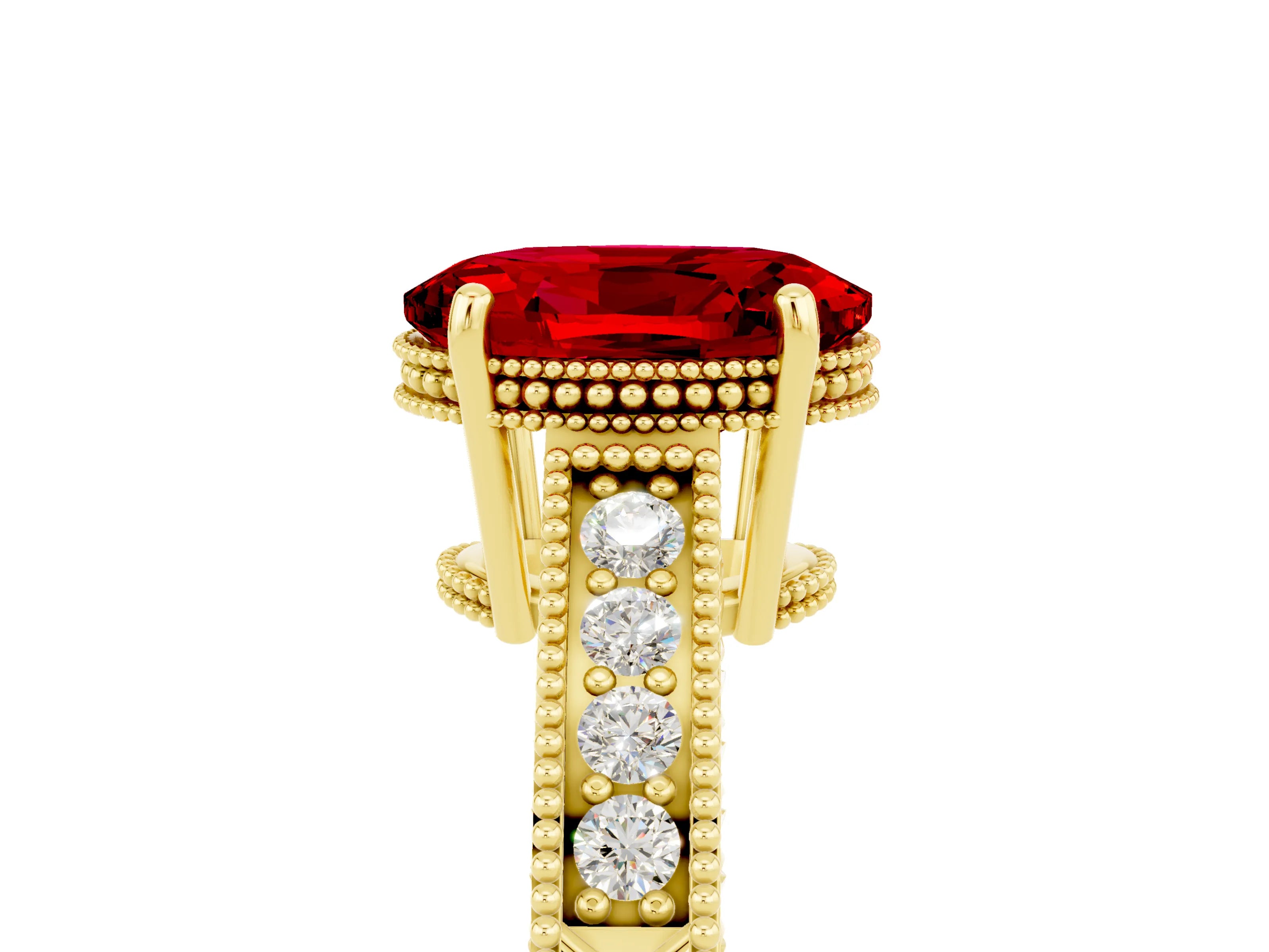 Yellow gold Oval Cut Ruby Engagement Ring with Milgrain Channel Set Band and Prong Setting_5