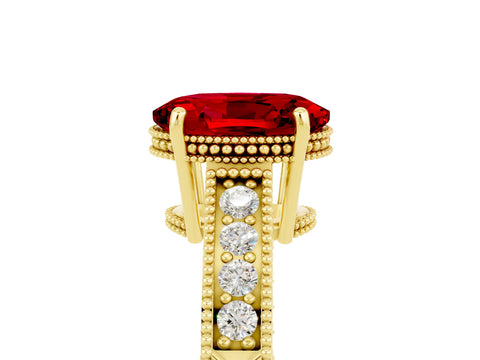 Yellow gold Oval Cut Ruby Engagement Ring with Milgrain Channel Set Band and Prong Setting_5