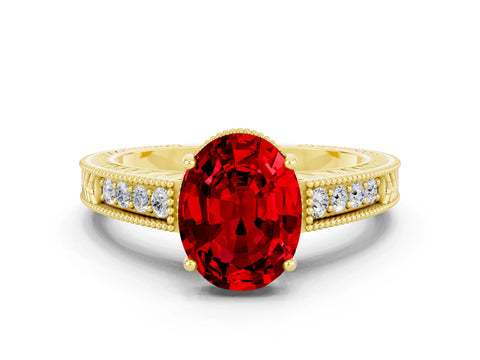 Yellow gold Oval Cut Ruby Engagement Ring with Milgrain Channel Set Band and Prong Setting