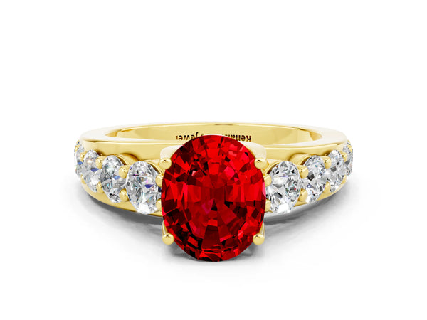 Yellow gold Oval Cut Ruby Engagement Ring with Pavé Band and Four-Prong Setting