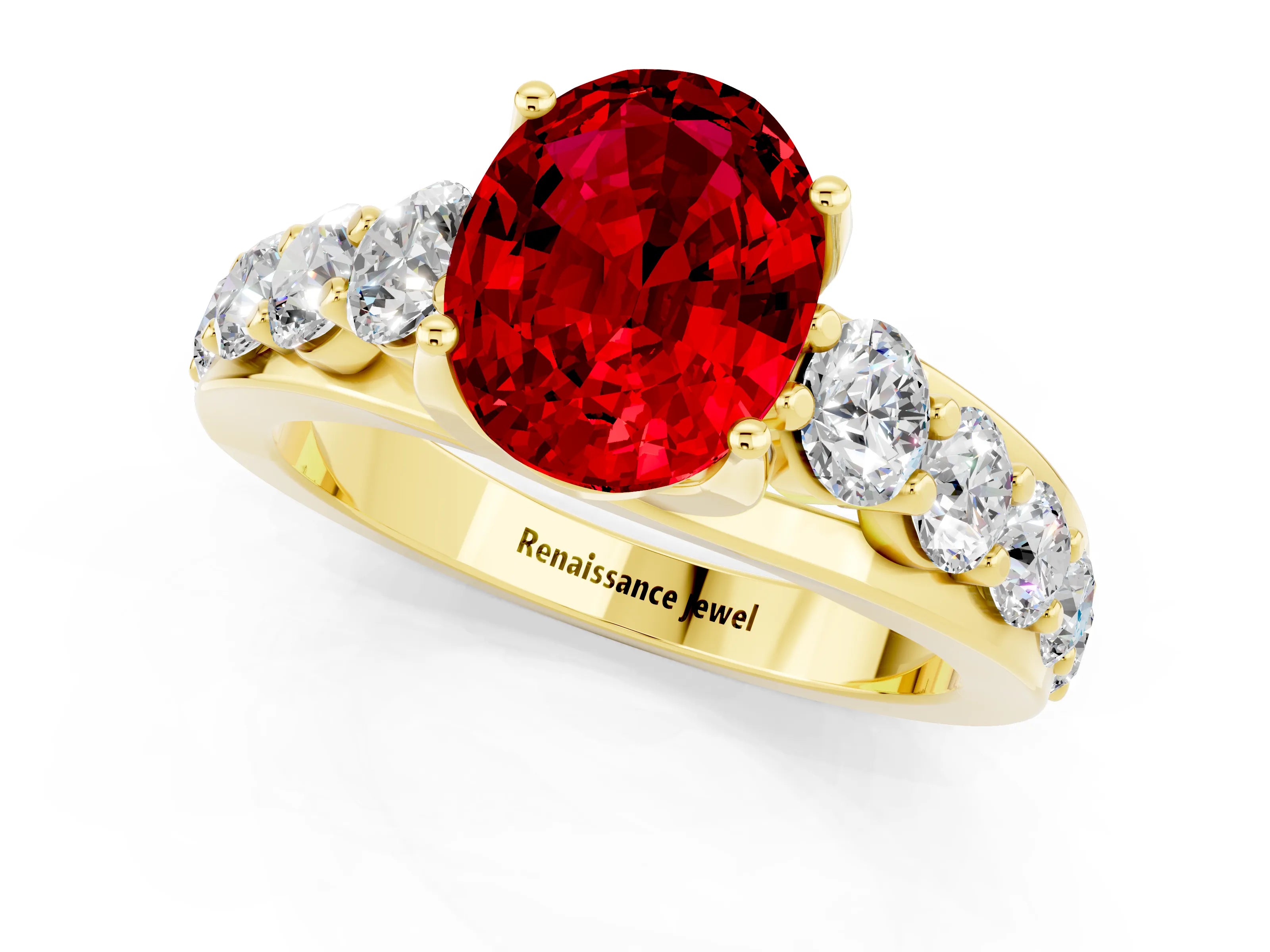Yellow gold Oval Cut Ruby Engagement Ring with Pavé Band and Four-Prong Setting_1