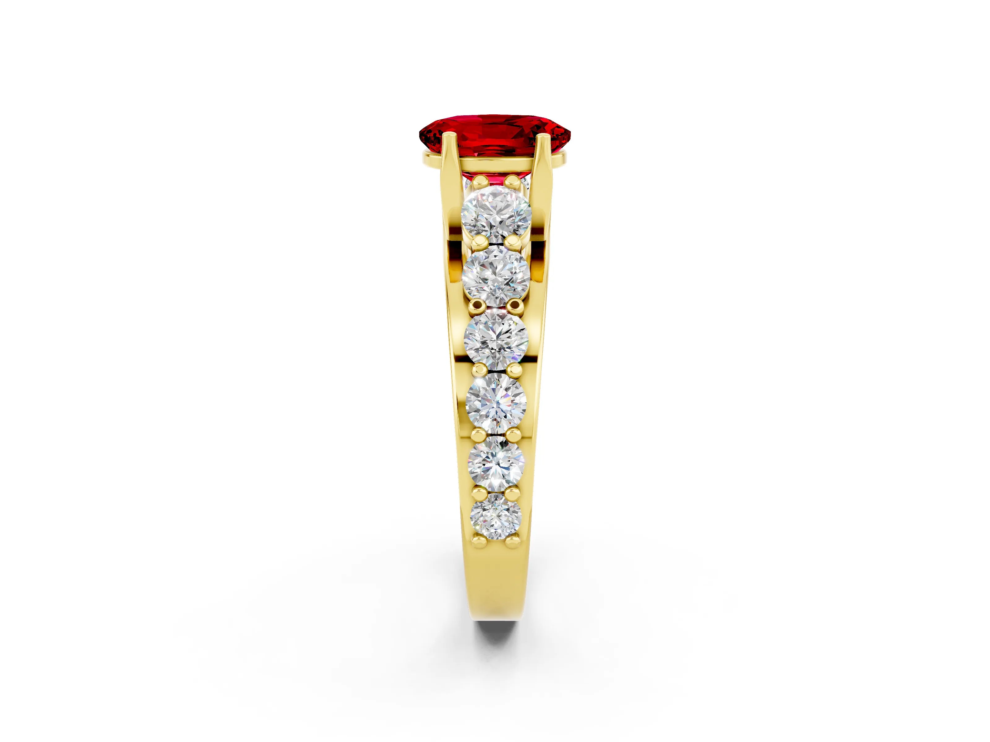 Yellow gold Oval Cut Ruby Engagement Ring with Pavé Band and Four-Prong Setting_2