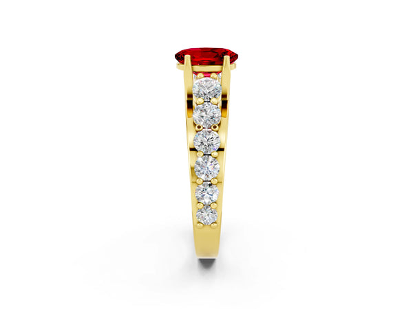 Yellow gold Oval Cut Ruby Engagement Ring with Pavé Band and Four-Prong Setting