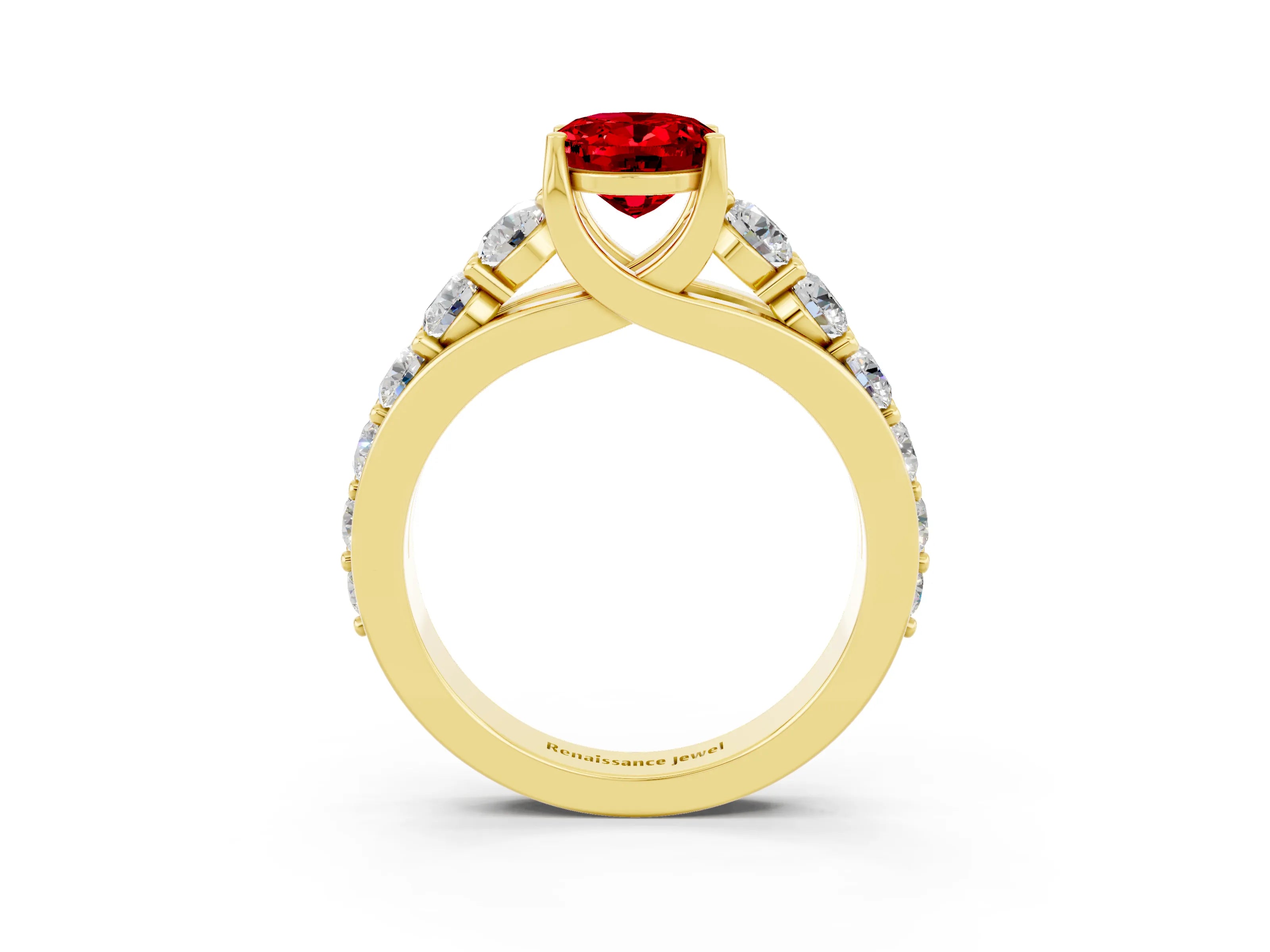 Yellow gold Oval Cut Ruby Engagement Ring with Pavé Band and Four-Prong Setting_3