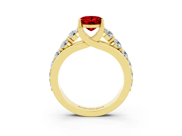 Yellow gold Oval Cut Ruby Engagement Ring with Pavé Band and Four-Prong Setting