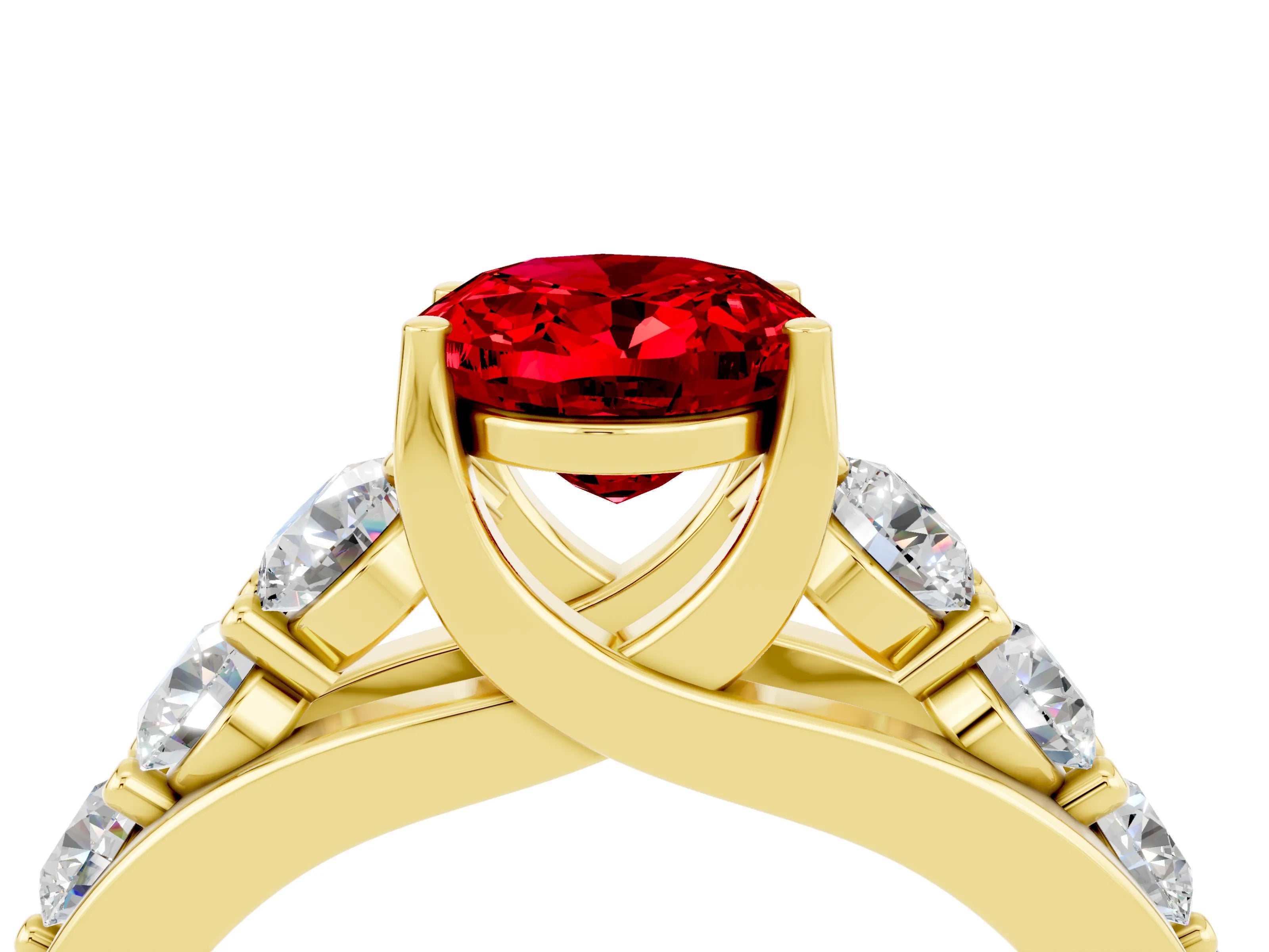 Yellow gold Oval Cut Ruby Engagement Ring with Pavé Band and Four-Prong Setting_4