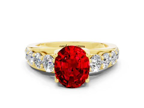 Yellow gold Oval Cut Ruby Engagement Ring with Pavé Band and Four-Prong Setting