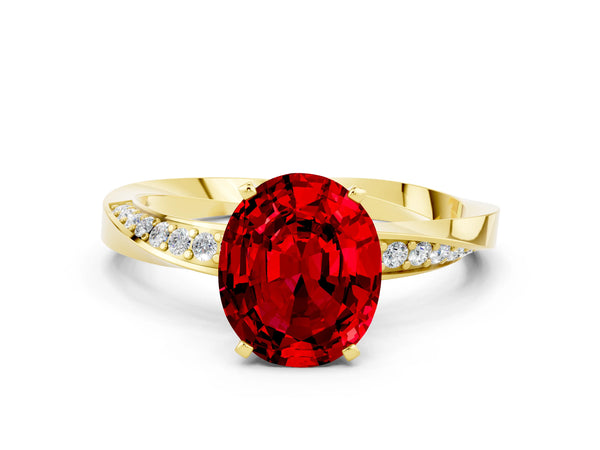 Yellow gold Oval Cut Ruby Engagement Ring with Side Stone Accents and Four-Prong Setting