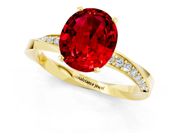 Yellow gold Oval Cut Ruby Engagement Ring with Side Stone Accents and Four-Prong Setting