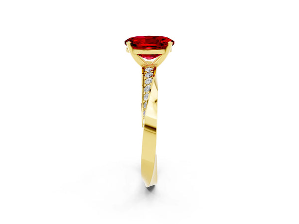 Yellow gold Oval Cut Ruby Engagement Ring with Side Stone Accents and Four-Prong Setting