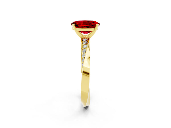 Yellow gold Oval Cut Ruby Engagement Ring with Side Stone Accents and Four-Prong Setting