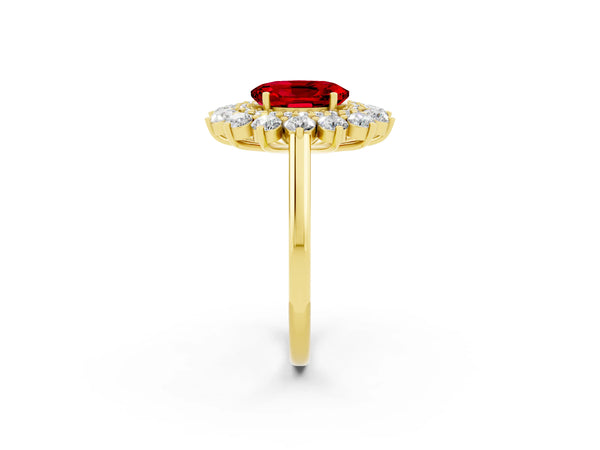 Yellow Gold Oval Lab-Grown Ruby Floral Double Halo Engagement Ring with Plain Band